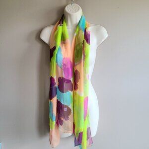 Multicolored silk feeling polyester long scarf.